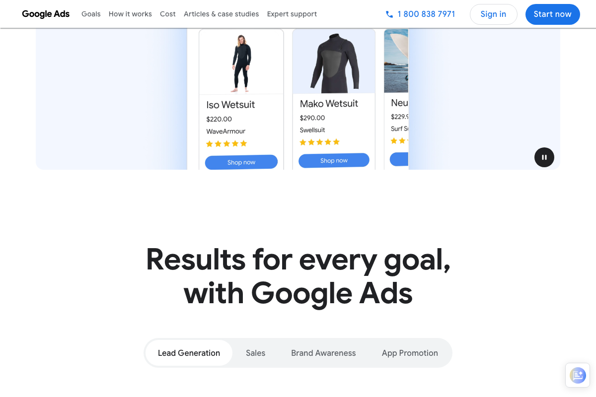 Google Ads — 'Results for every goal' section confirming Lead Generation as a supported campaign objective (captured 2026-05-01)