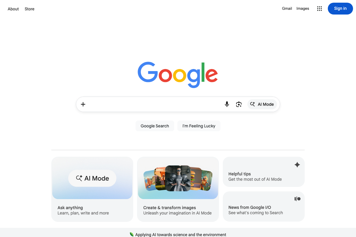 Google.com homepage showing the AI Mode pill button embedded in the right side of the search bar, plus (+) button on the left, and AI Mode promotional cards below the search box