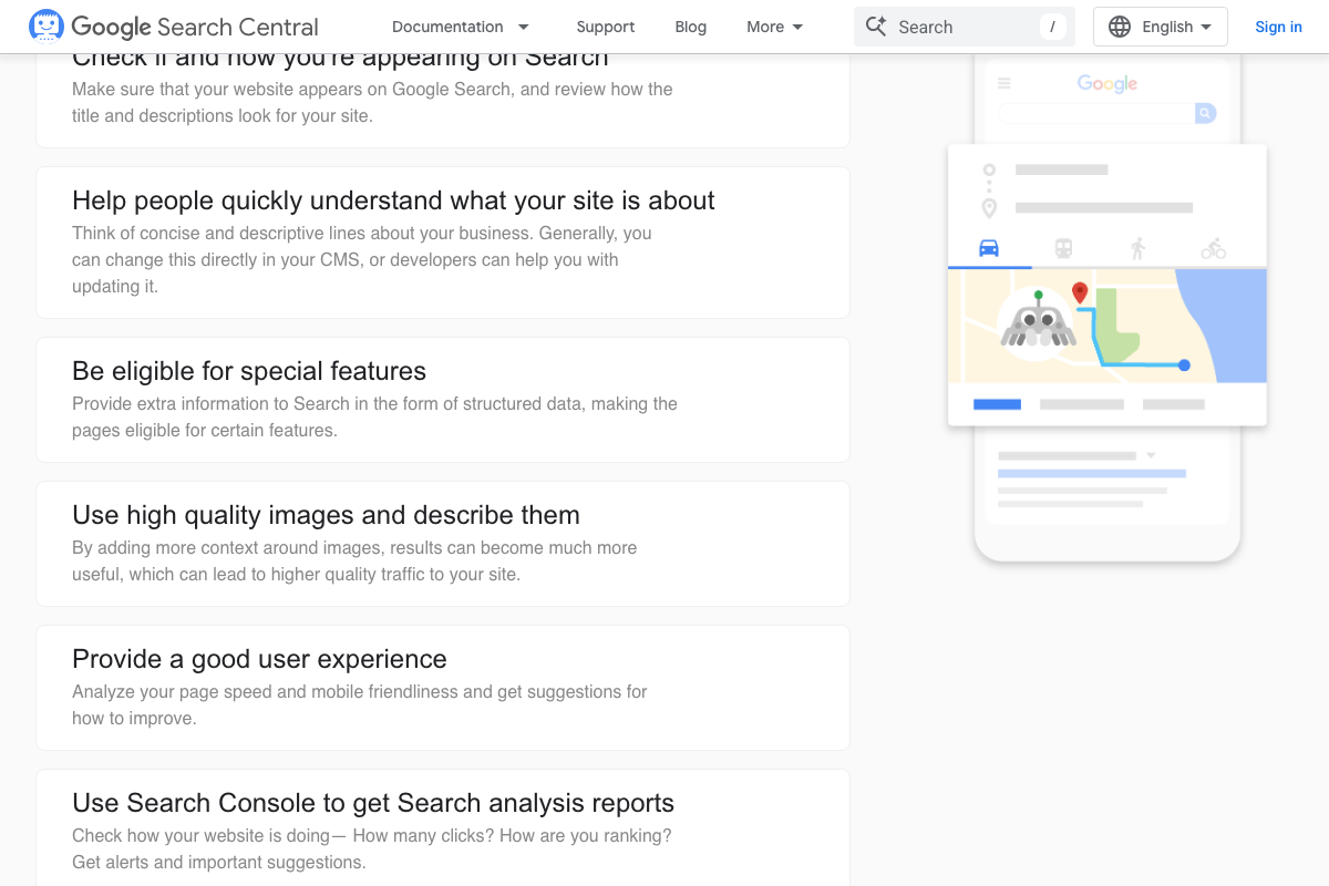 Google Search Central general SEO recommendations page including Search Console performance monitoring guidance
