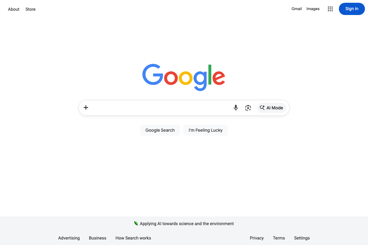 Google.com homepage showing 'AI Mode' as a persistent labeled button in the main search bar alongside voice search and Lens icons.