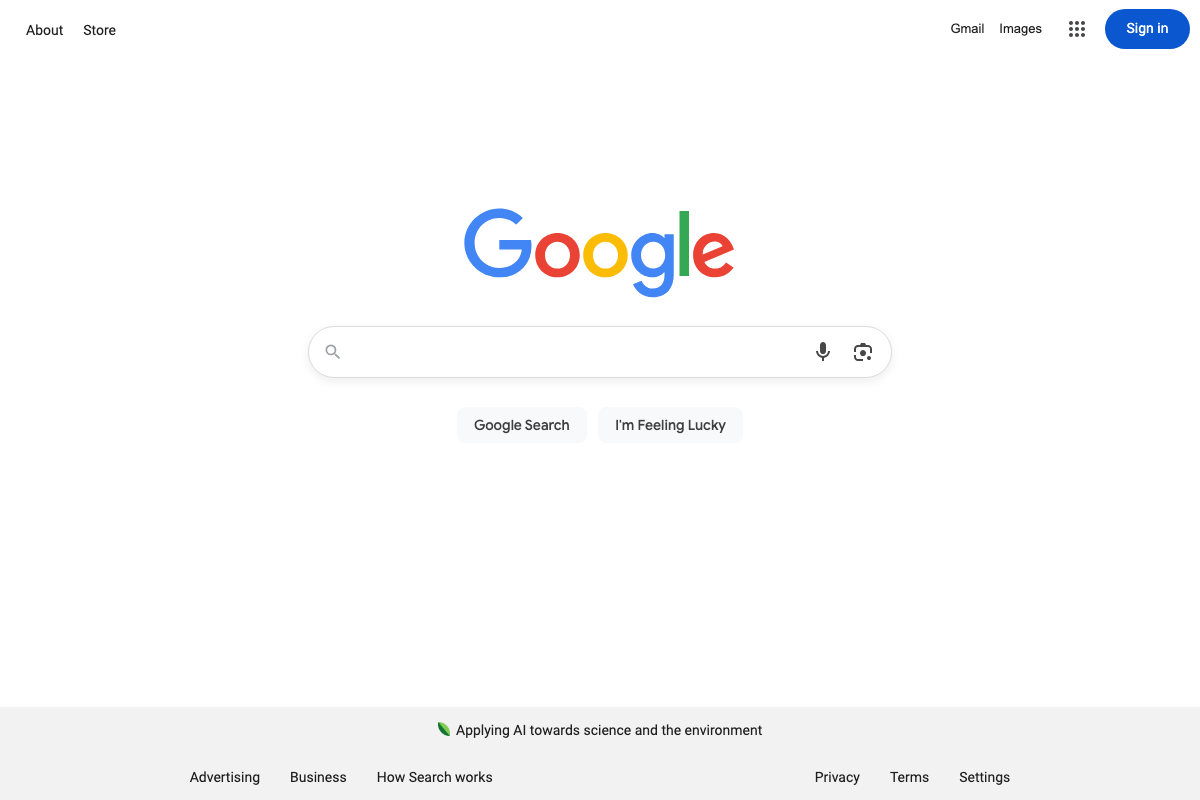 Google.com homepage — blank search interface with no SERP results or Local Pack visible in this capture (captured 2026-05-01)