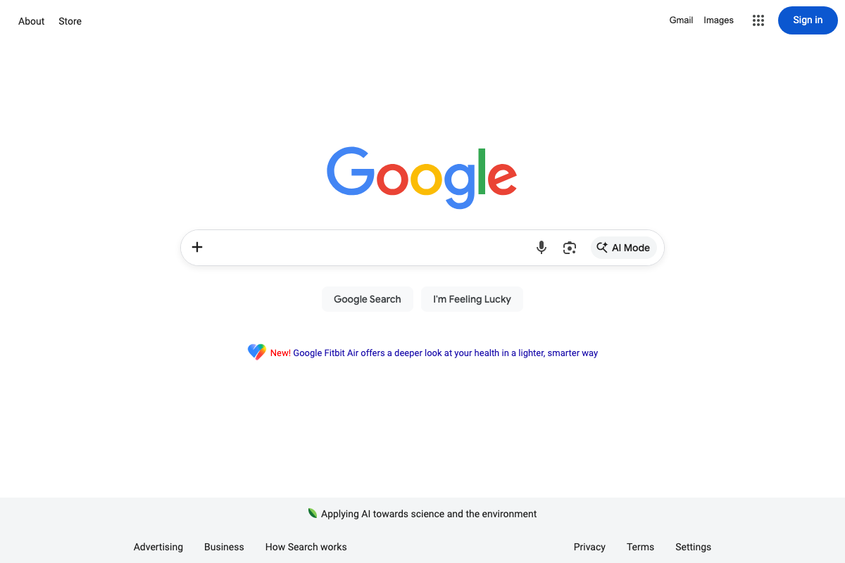 Google Search homepage as of May 2026, showing the AI Mode button — a SERP format change with direct implications for commercial keyword analysis in steps 9 and 10.