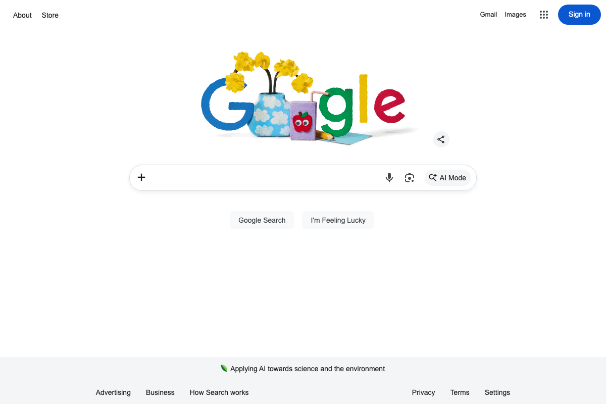 Google homepage showing AI Mode as a dedicated search button, confirming it is a distinct product separate from standard search and AI Overviews.