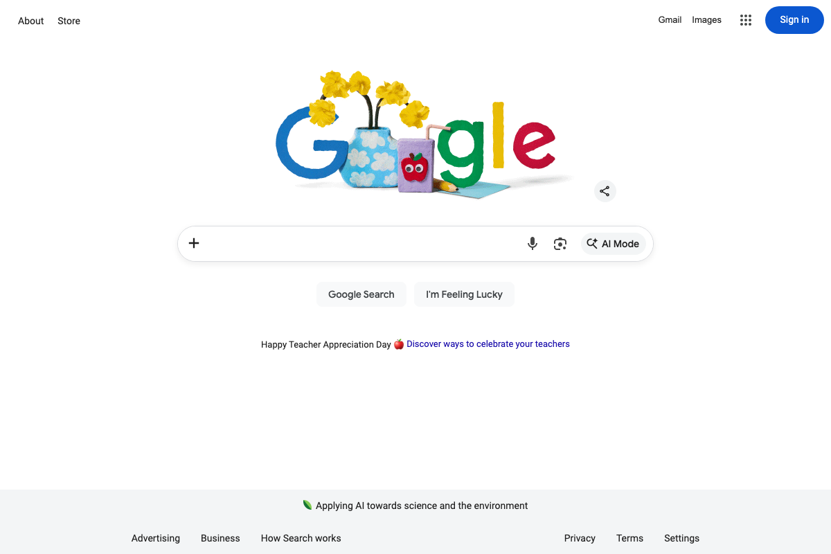 Google homepage (google.com) showing the standard search bar with a visible 'AI Mode' button alongside traditional Google Search
