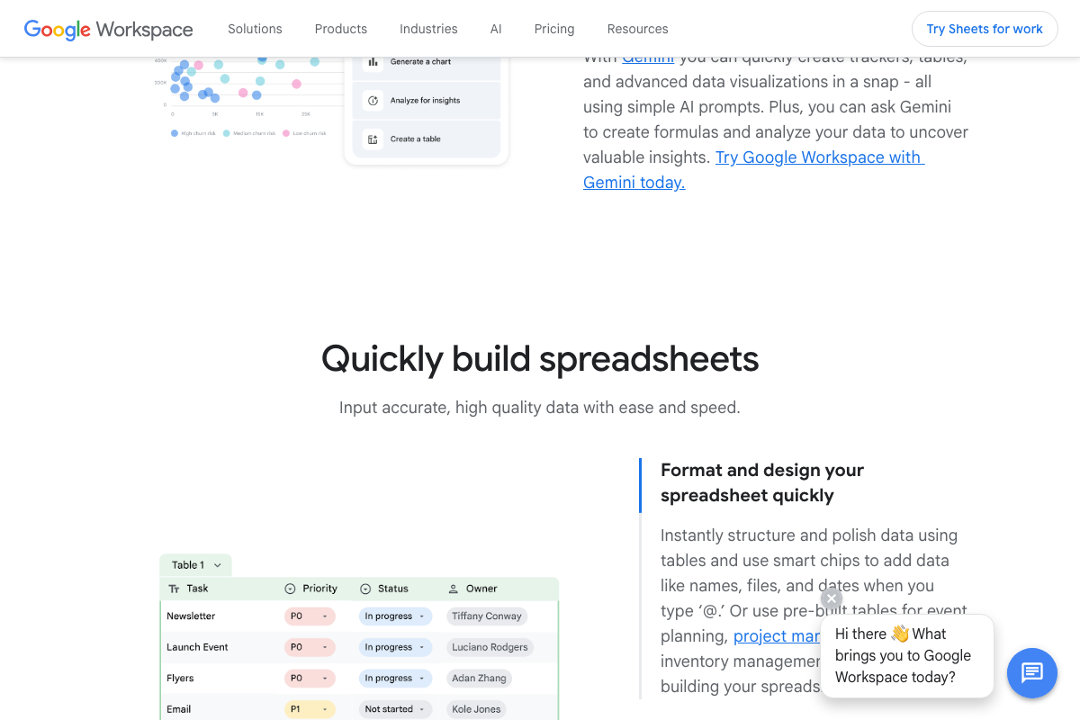 Google Sheets 'Quickly build spreadsheets' section showing Gemini AI-assisted table creation