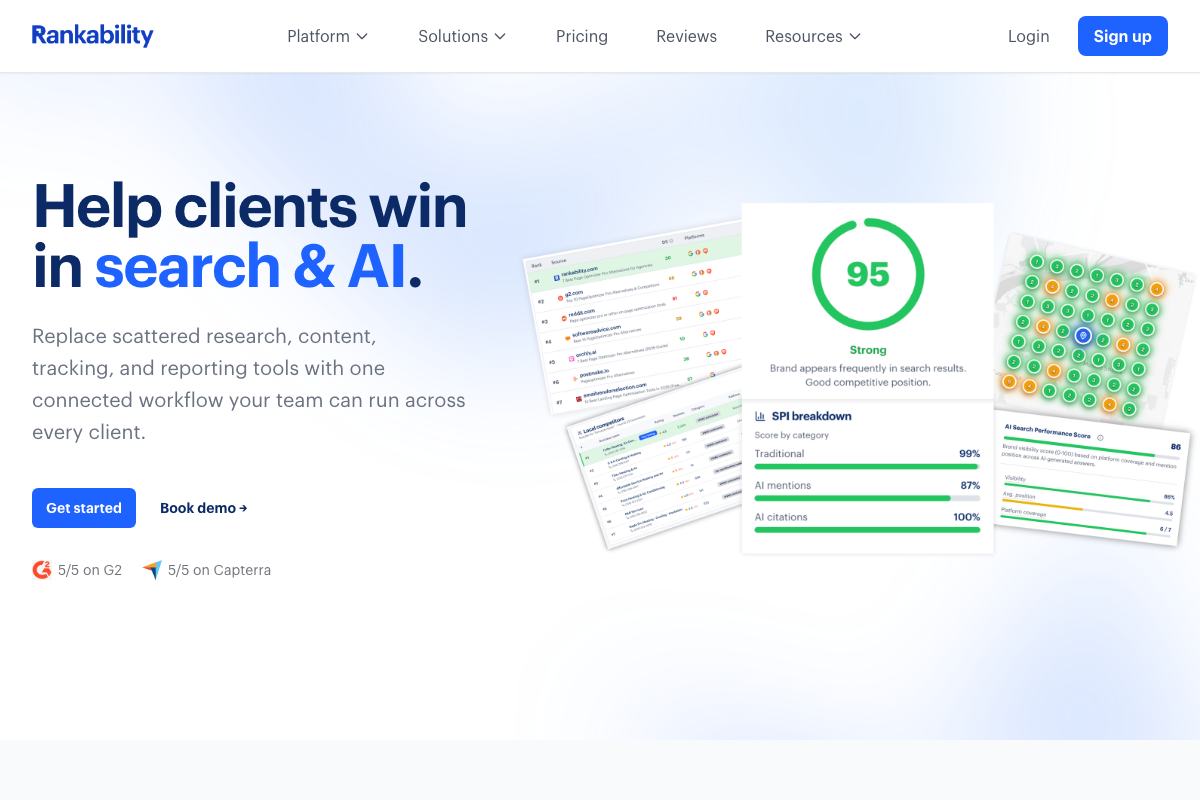 gotchseo.com resolves to the Rankability homepage, displaying identical content to rankability.com — confirming the GotchSEO domain is now associated with the Rankability product.