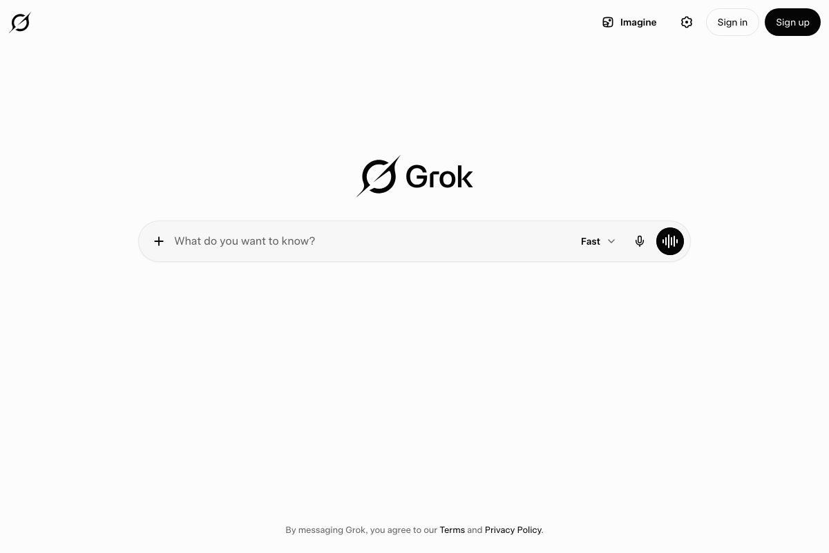 Grok homepage showing the Fast mode selector, voice input button, and Imagine image generation in the header