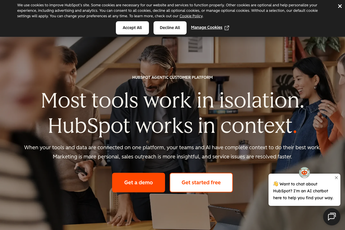 HubSpot homepage hero section — no AI Search Grader or citation measurement product is visible on any of the three captured pages.