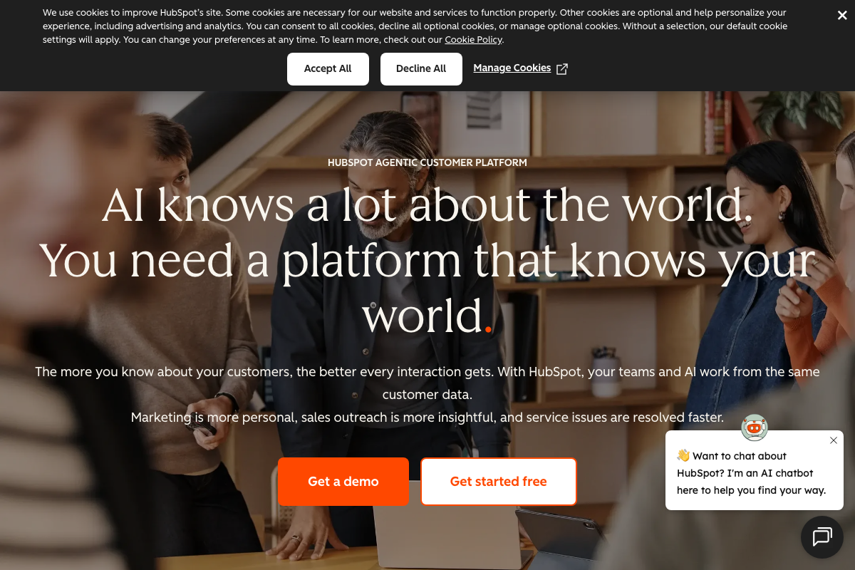HubSpot homepage — confirms HubSpot as a live CRM platform referenced as a Business Pulse connector; no Claude integration is visible on the page.