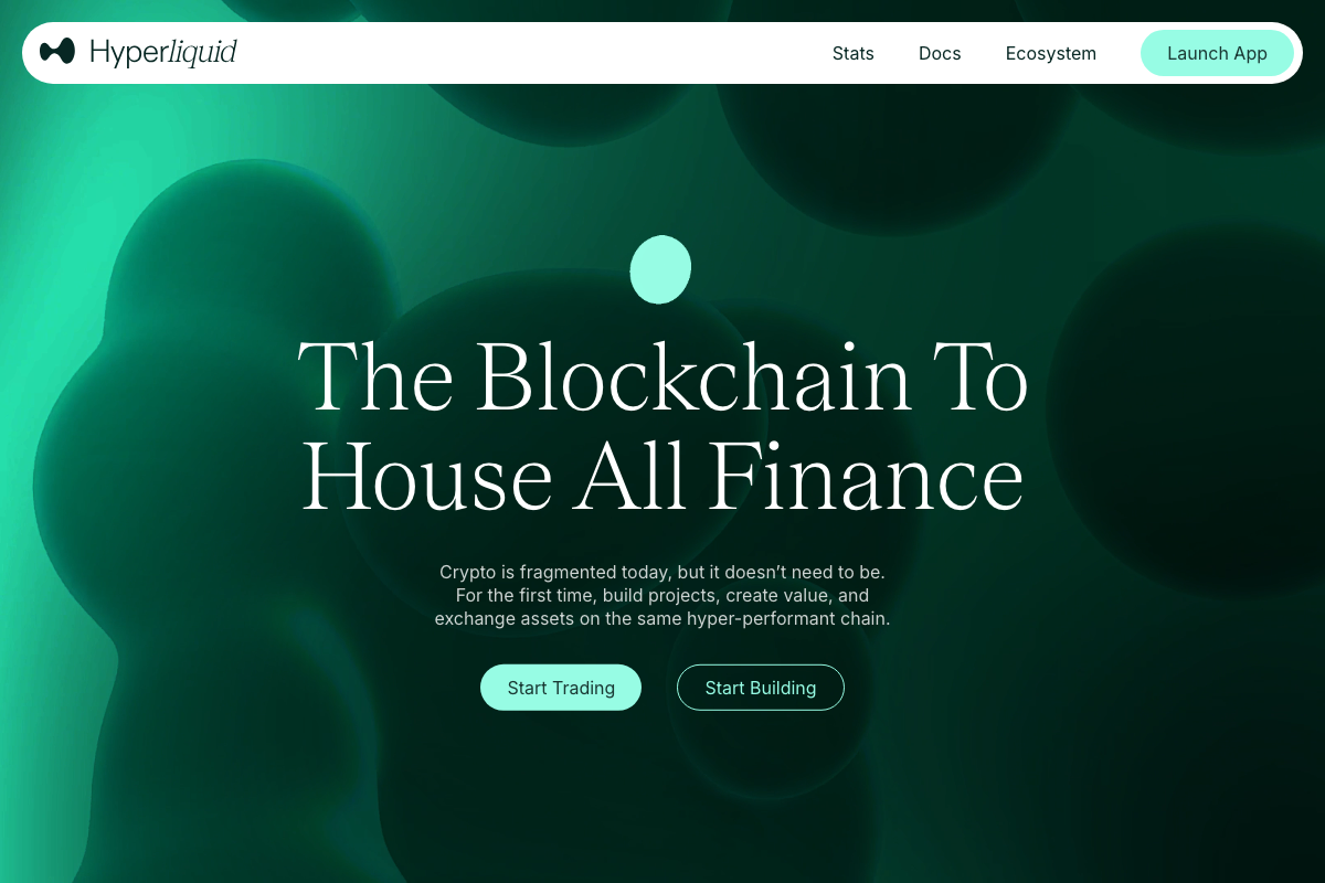 Hyperliquid.xyz homepage confirming the platform is live with 'Start Building' developer access and a Docs navigation section