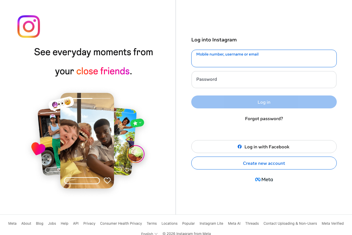 Instagram.com homepage (2026) showing the standard login interface and Meta ecosystem footer links
