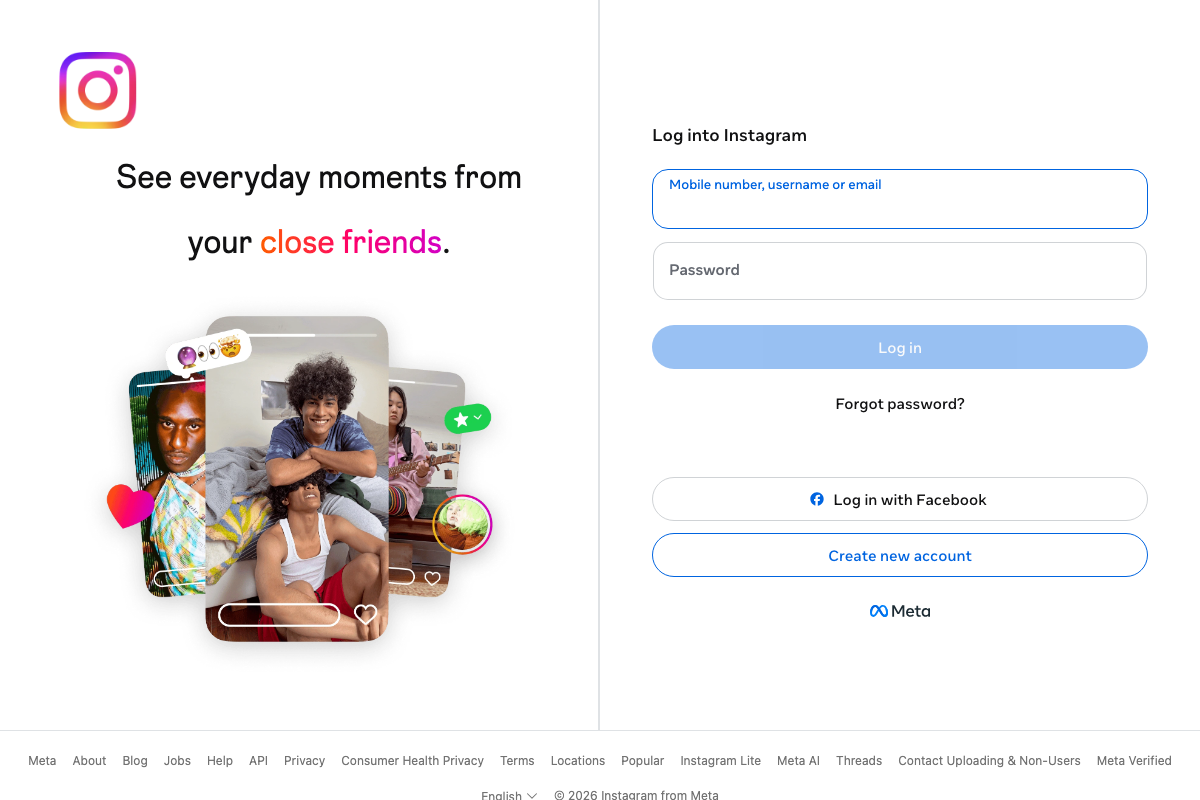Instagram login page (instagram.com, 2026) — account creation available via 