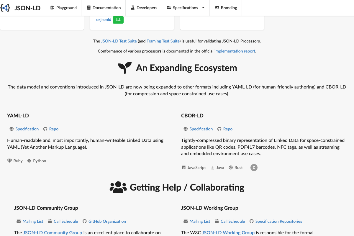 The json-ld.org ecosystem page showing JSON-LD's W3C governance structure and emerging YAML-LD and CBOR-LD format extensions.