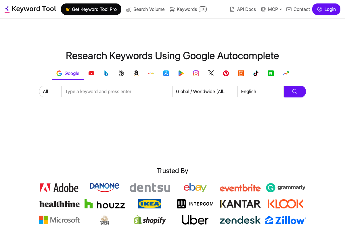 Keywordtool.io homepage pre-search state — the 'Load More' mechanic and ~80 YouTube results described in the tutorial are not visible in available documentation