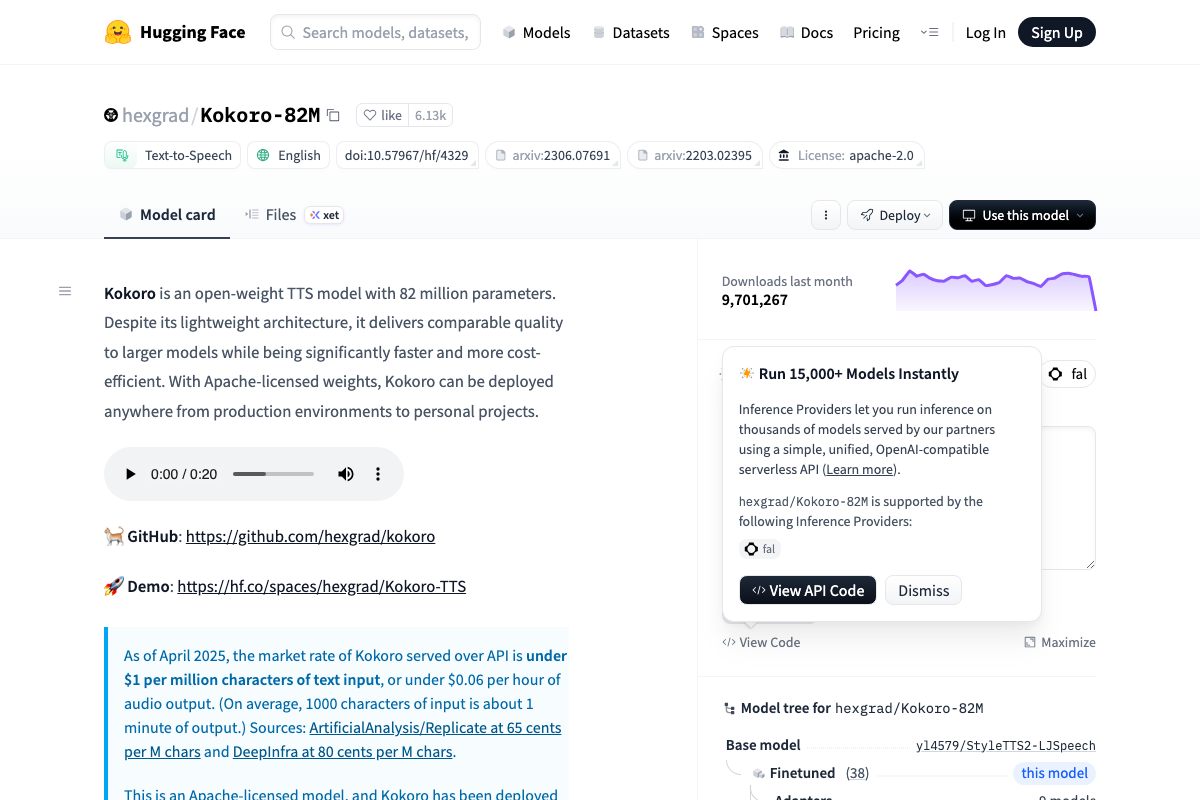 hexgrad/Kokoro-82M model card confirming 82M parameters, Apache 2.0 license, and 9.7M monthly downloads