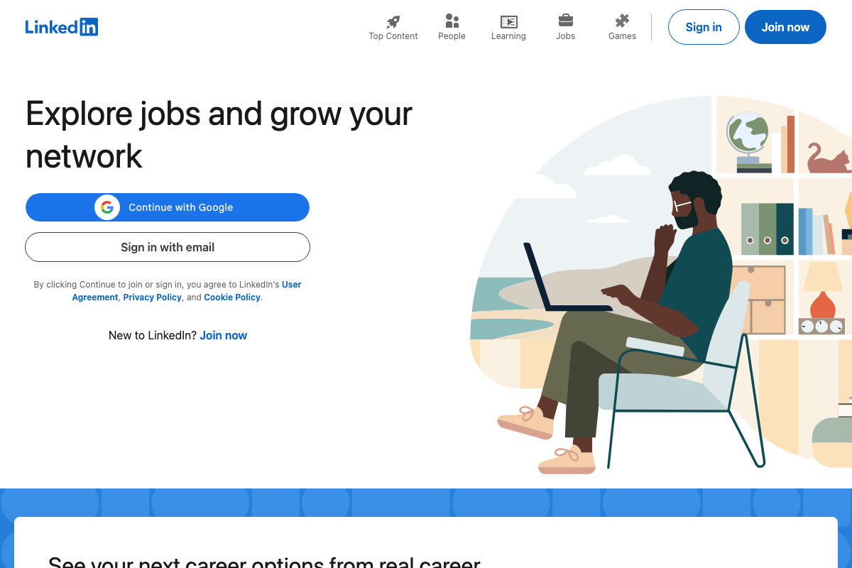 LinkedIn homepage (logged-out view) showing 'Top Content' tab in primary navigation — May 2026