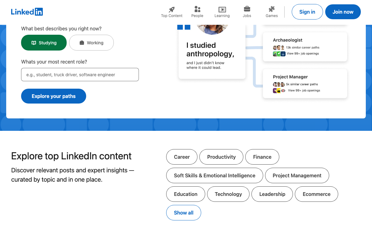 LinkedIn homepage 'Explore top LinkedIn content' section showing named topic category tags — May 2026