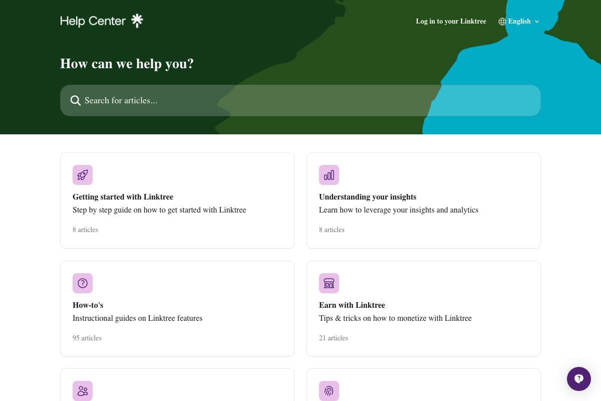 Linktree Help Center homepage showing the active Insights section, relevant to step 9 iteration.