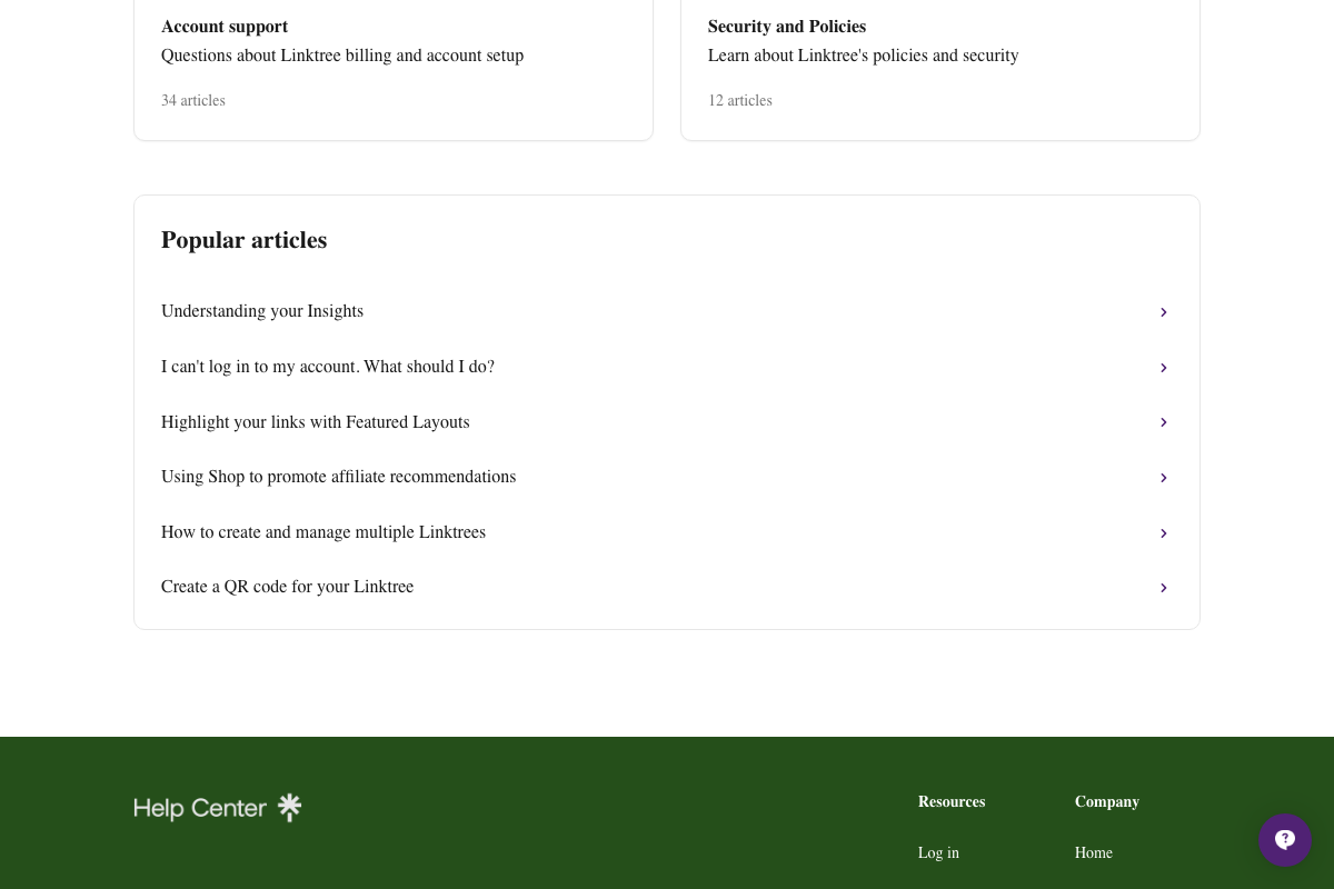 Linktree Help Center popular articles confirming official multi-profile management support.