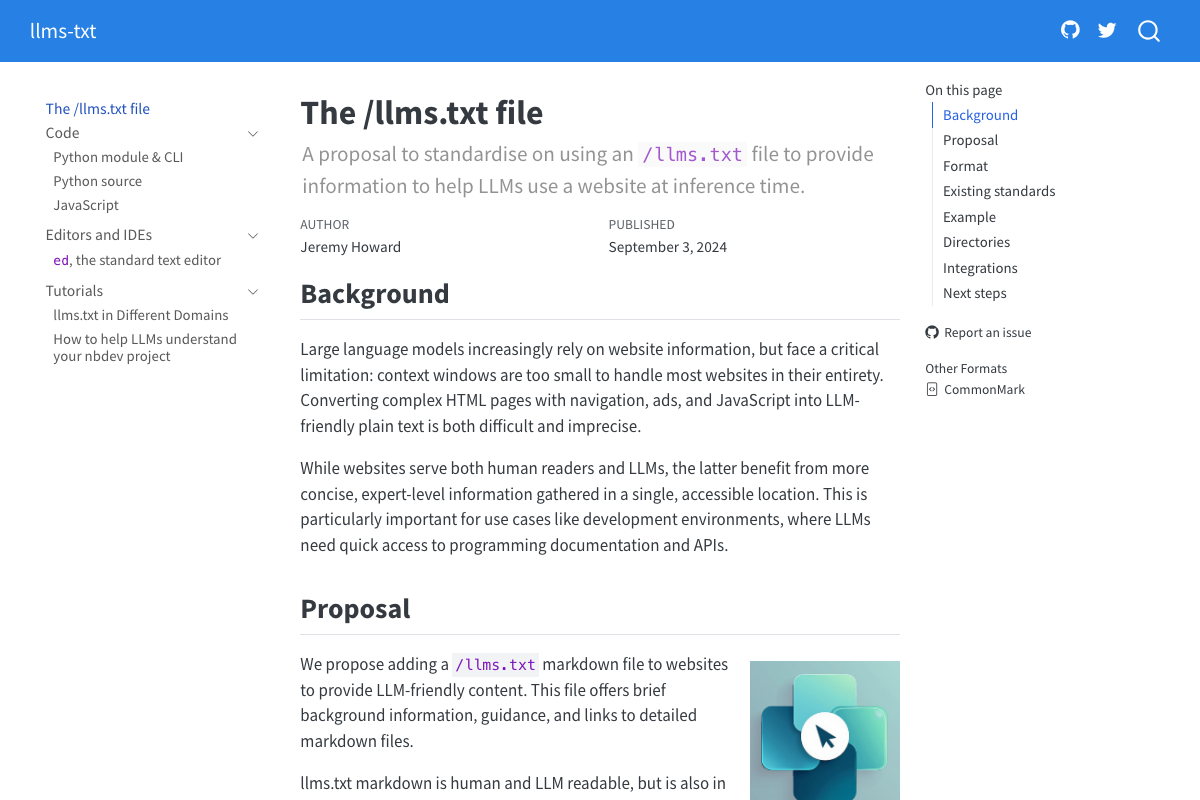 llmstxt.org specification page — /llms.txt described as a September 2024 community proposal by Jeremy Howard, with background on LLM context window limitations