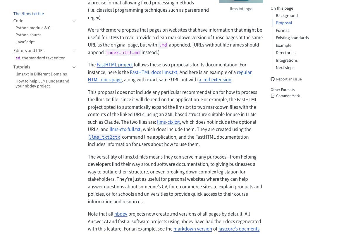 llmstxt.org Proposal section showing markdown format and root-path placement — the conventions cats.txt mimicked