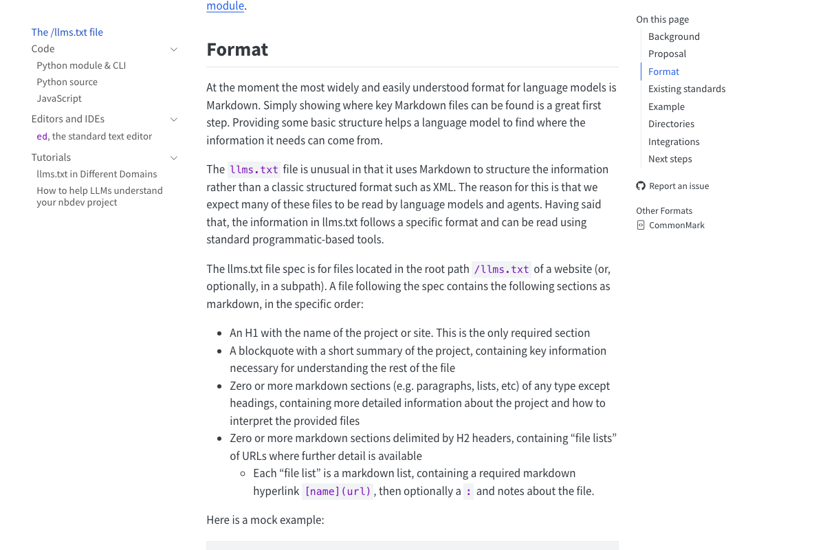 llmstxt.org Format section showing the markdown structure and root-path convention cats.txt mirrored in its fake specification