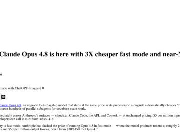 Article backdrop: Anthropic's Claude Opus 4.8 is here with 3X cheaper fast mod