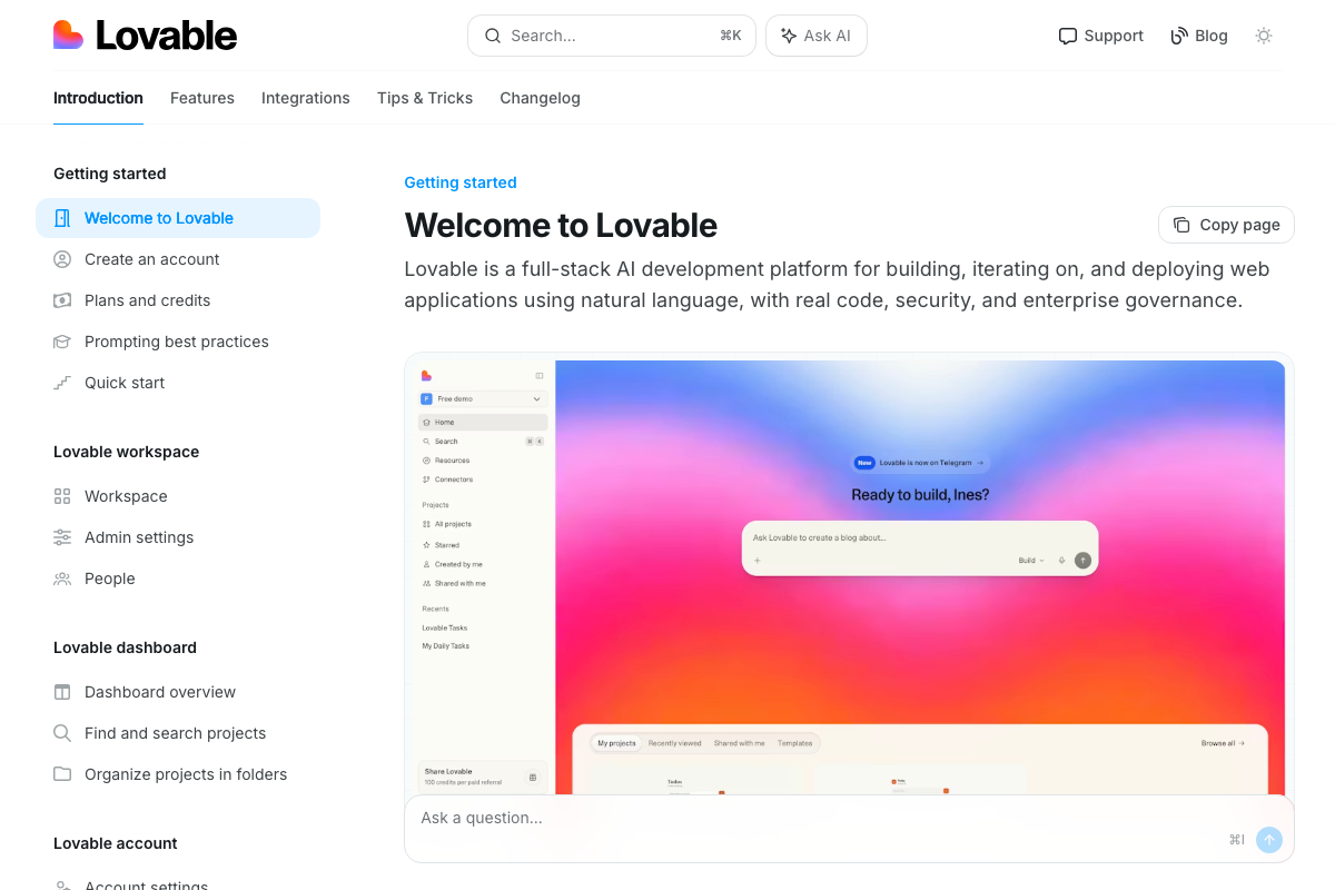 Lovable docs Welcome page defining Lovable as a full-stack AI development platform with real code, security, and enterprise governance