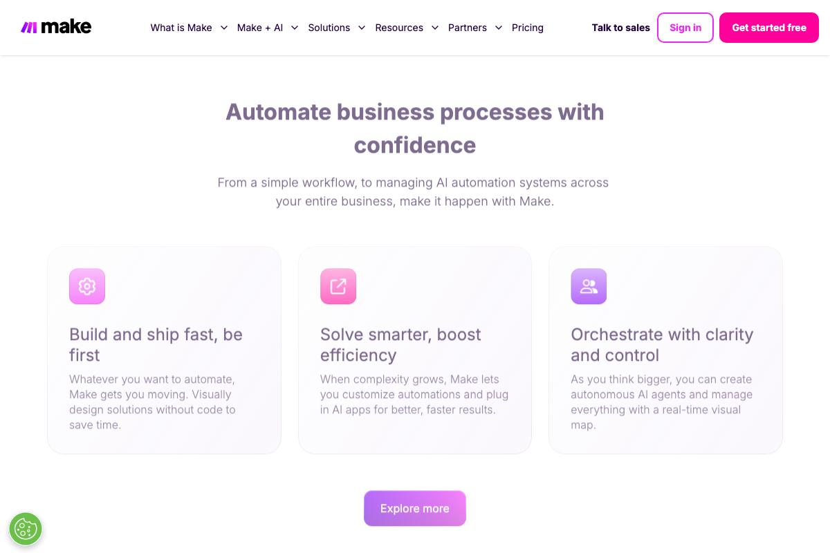 Make.com 'Orchestrate with clarity and control' feature — autonomous AI agents managed via a real-time visual map.