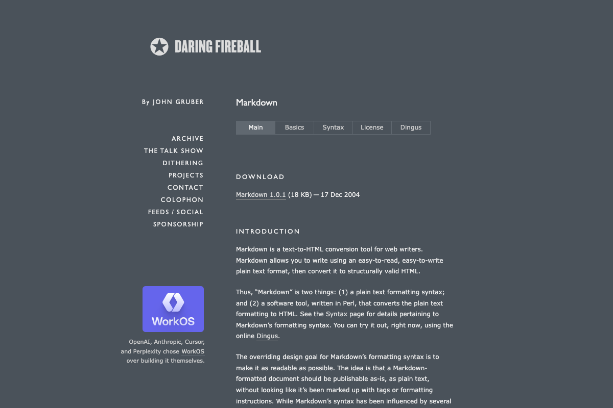 Daring Fireball Markdown introduction page confirming the plain-text, human-readable nature of .md files — the format used by CLAUDE.md and memory.md configuration files.