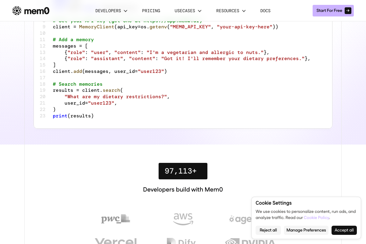 Mem0 code example showing client.add() and client.search() with user_id scoping for per-client memory isolation