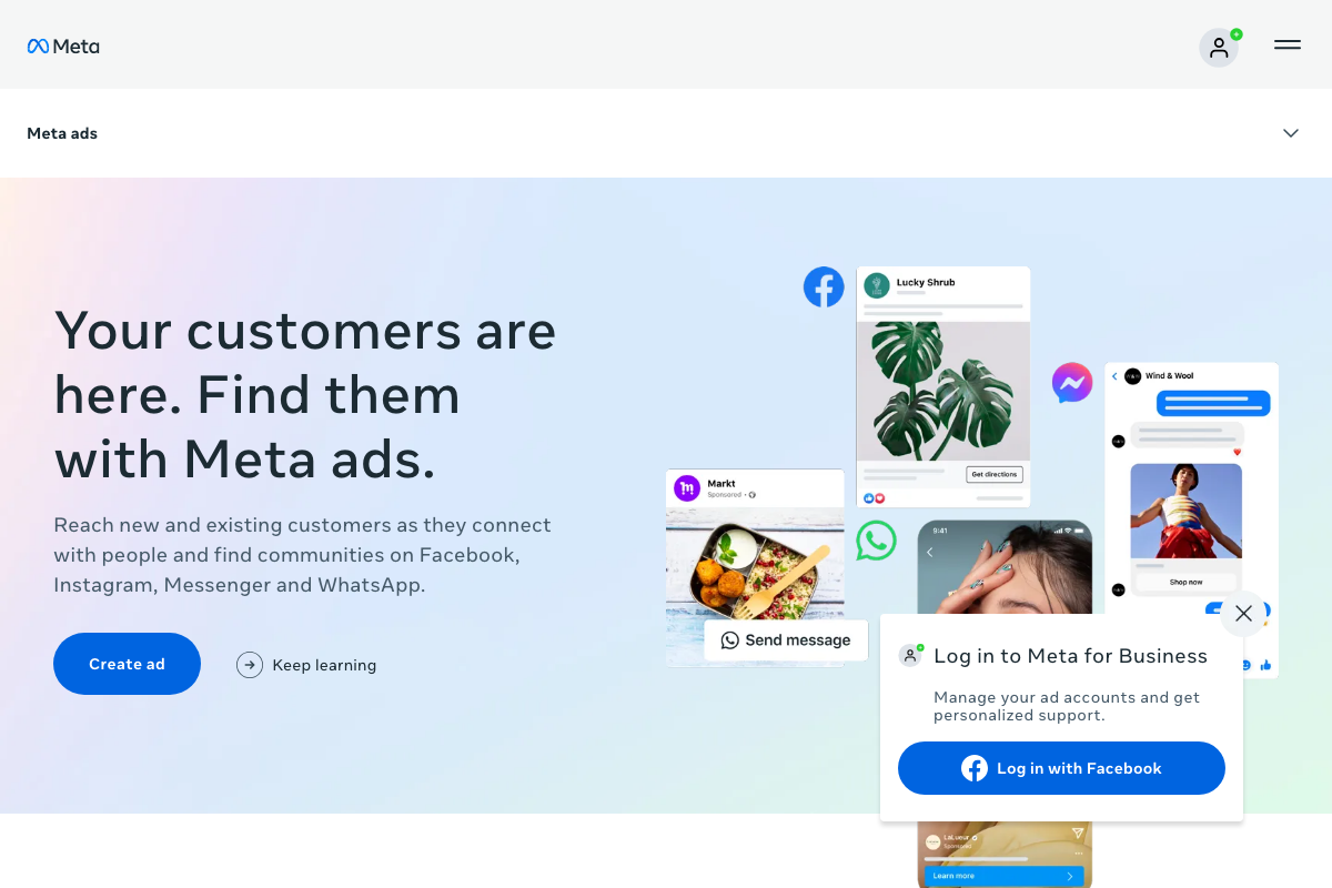 Meta Ads — placements confirmed across Facebook, Instagram, Messenger, and WhatsApp; YouTube is not part of Meta's advertising network (facebook.com/business/ads, captured 2026-05-01)