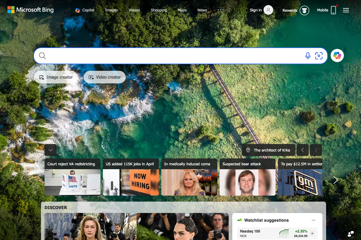 Microsoft Bing homepage with Copilot AI integrated as a primary top navigation tab alongside Images, Videos, Shopping, and Maps.