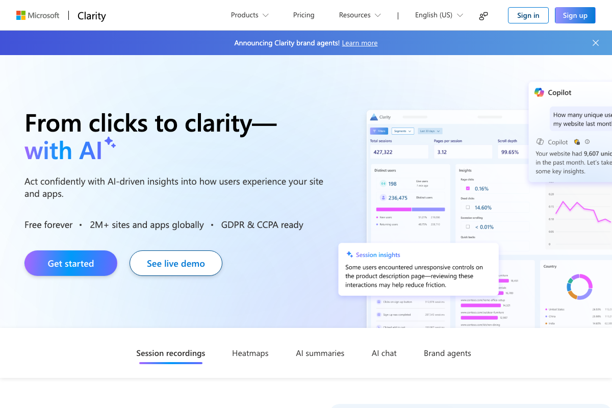 Microsoft Clarity homepage confirming free pricing, 2M+ global deployments, and GDPR/CCPA compliance with AI-powered features