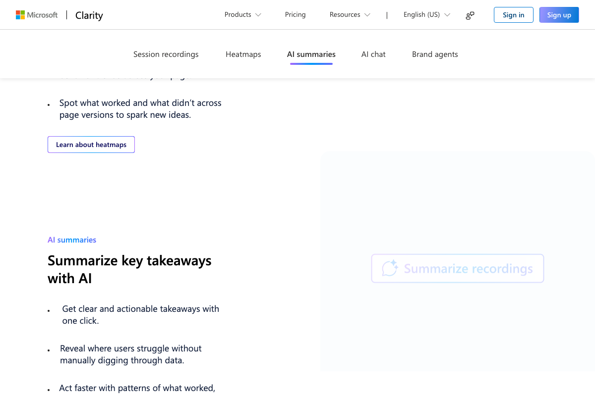 Microsoft Clarity 'AI summaries' feature — one-click actionable takeaways from session recordings using AI analysis