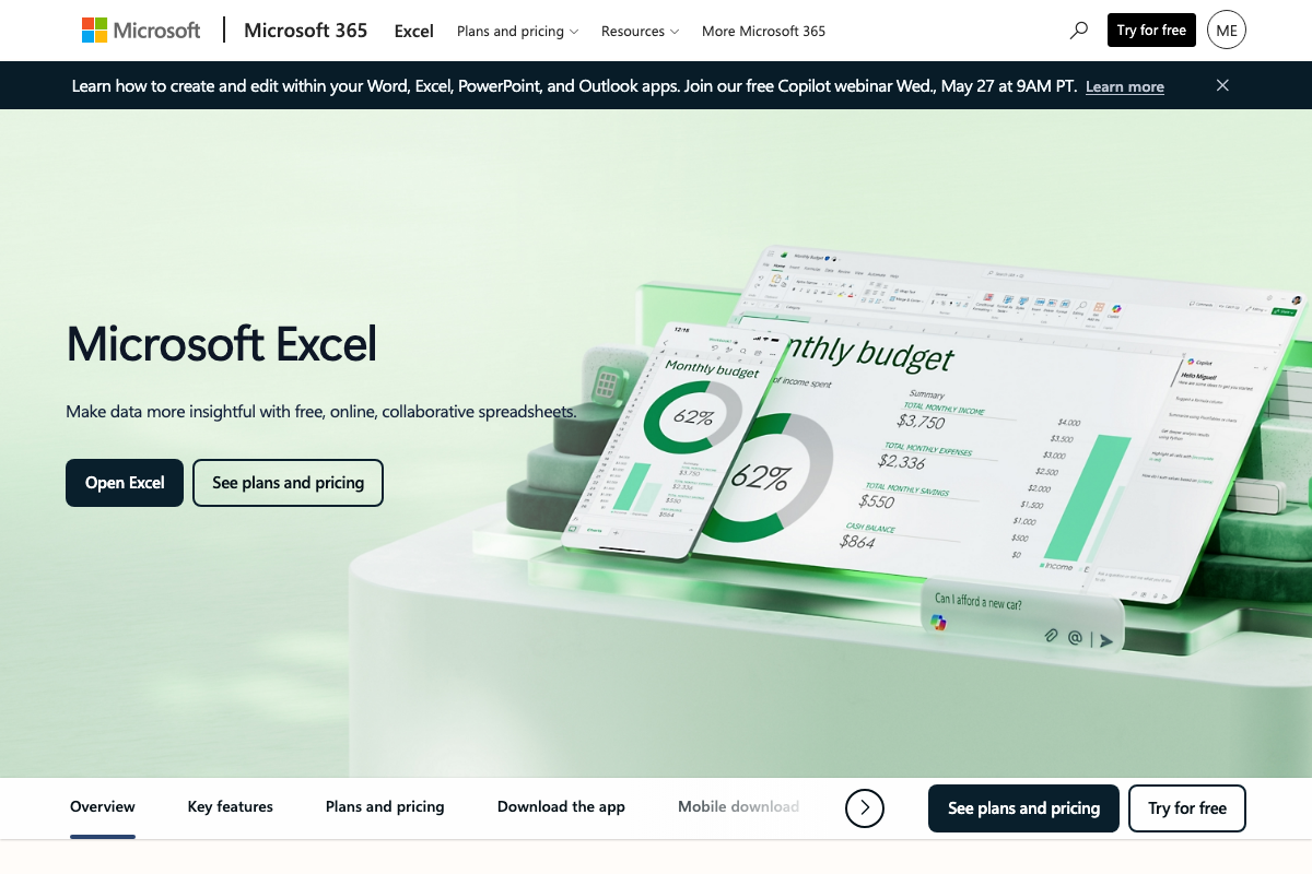 Microsoft Excel product page confirming Excel as a real spreadsheet application — referenced in step 18 as a Codex output file type