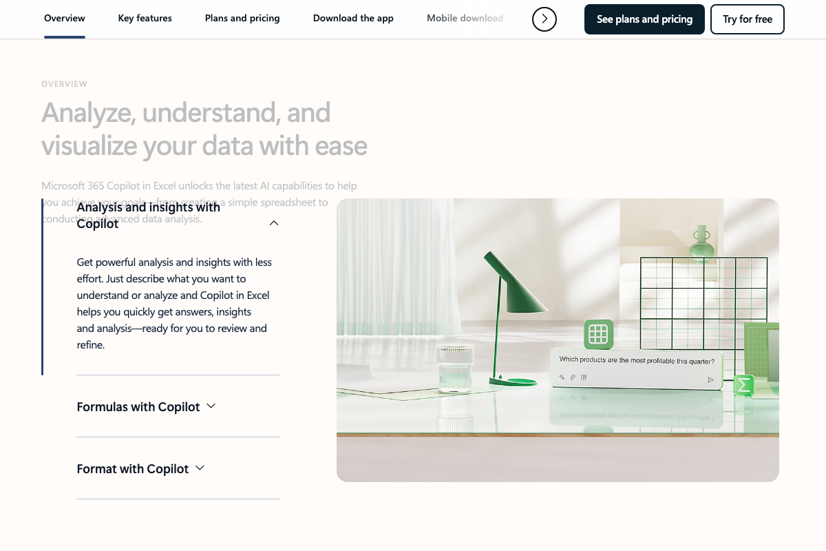 Excel Key Features showing Microsoft 365 Copilot integration — an AI-in-spreadsheet option not mentioned in the tutorial, available on paid Microsoft 365 plans