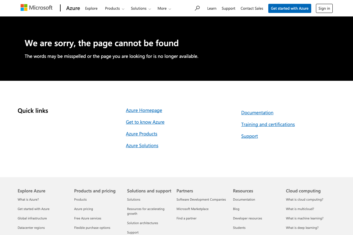 Azure.microsoft.com 404 error page for the MAI Image AI services product URL, captured May 2026