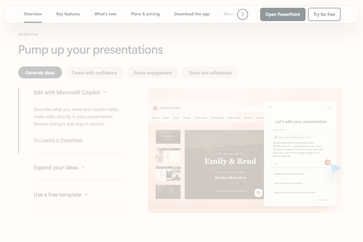 Microsoft PowerPoint 'Edit with Microsoft Copilot' feature showing the sidebar prompt interface — this is Copilot, a separate subscription product from the ChatGPT add-in described in the tutorial.