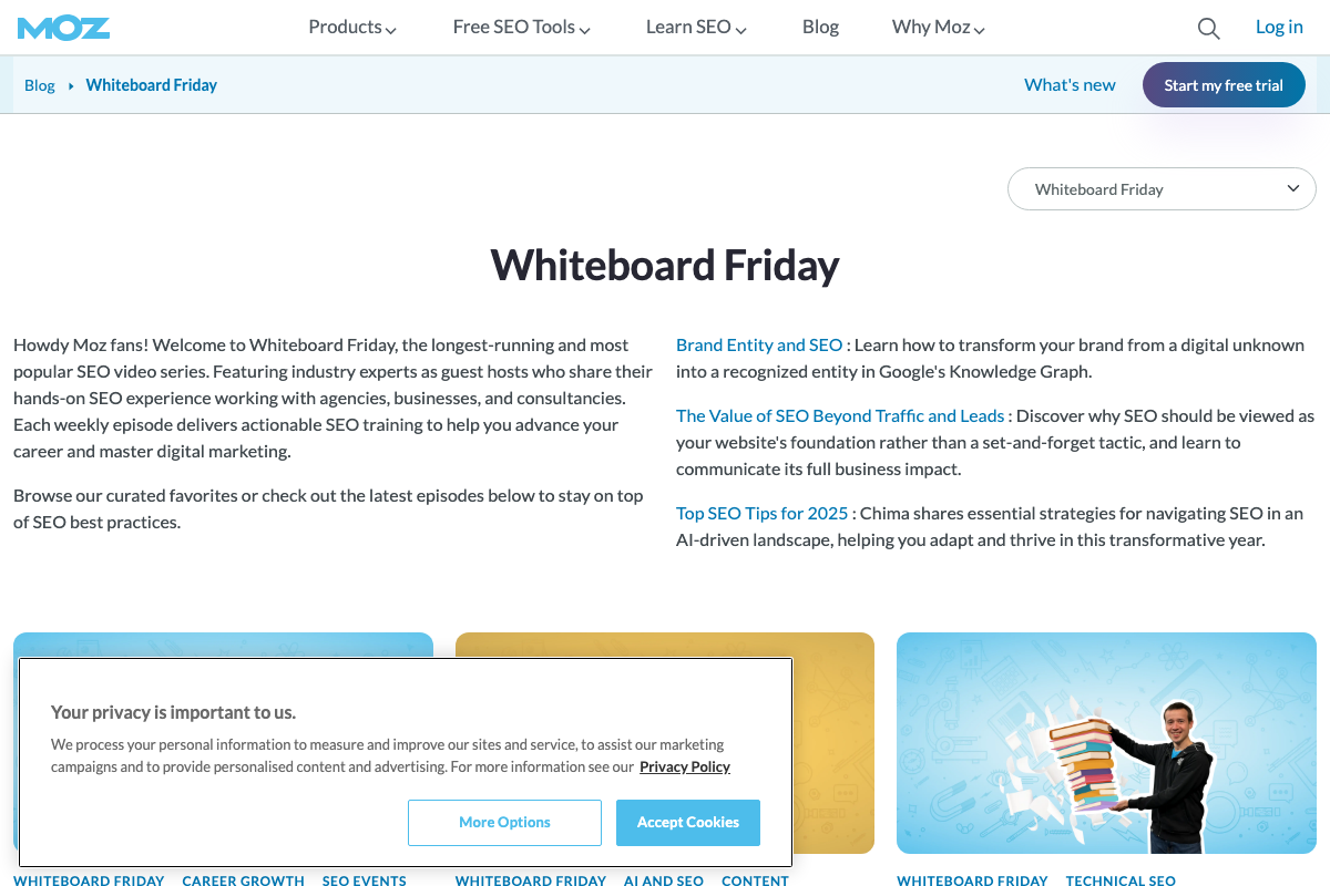 Moz's official Whiteboard Friday category page describes the series as featuring industry experts sharing hands-on experience — the credentialing basis the tutorial's delivery guidance relies on.