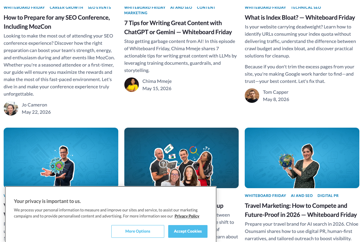 Whiteboard Friday episode thumbnails from May 2026 show hosts in darker attire against high-contrast colored backgrounds, consistent with the video's attire guidance.