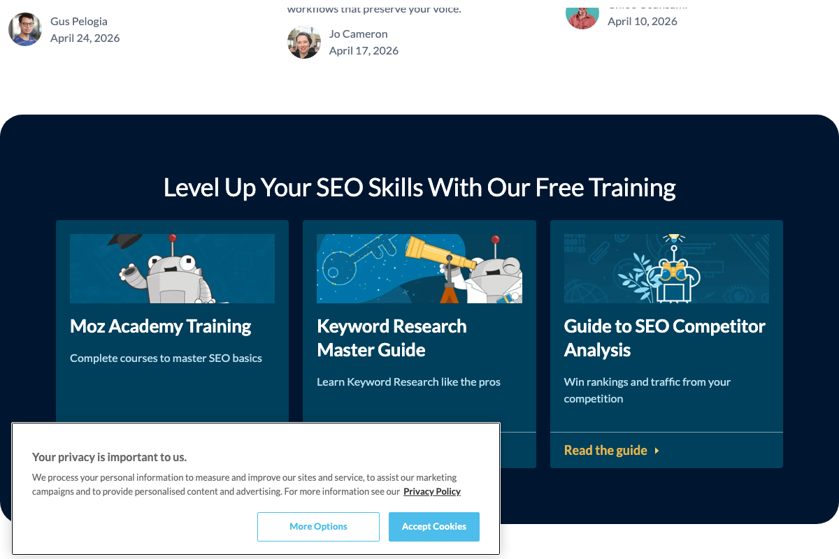 The bottom of Moz's Whiteboard Friday archive page promotes SEO learning resources but contains no production guidelines for filming a Whiteboard Friday episode.