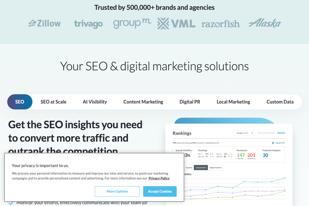 Moz 'SEO & digital marketing solutions' section (moz.com) showing product tabs including SEO at Scale, AI Visibility, Content Marketing, Digital PR, Local Marketing, and Custom Data.