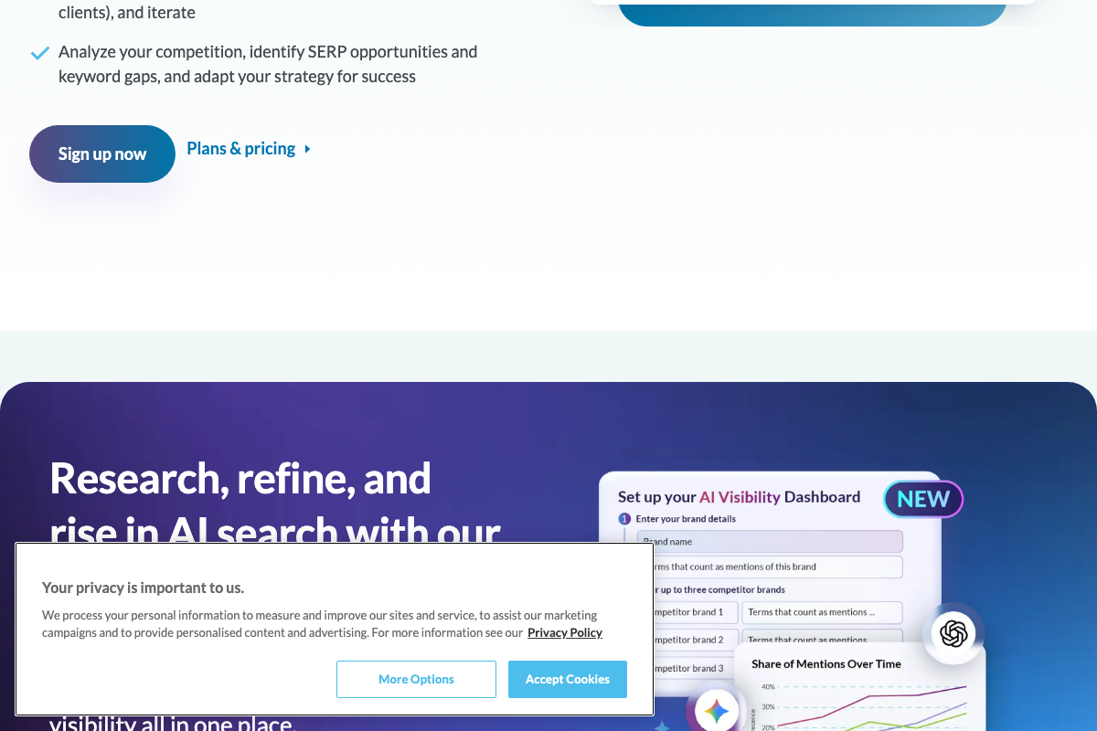 Moz homepage (moz.com) showing the AI Visibility Dashboard with 'Share of Mentions Over Time' chart and SERP opportunity analysis features.