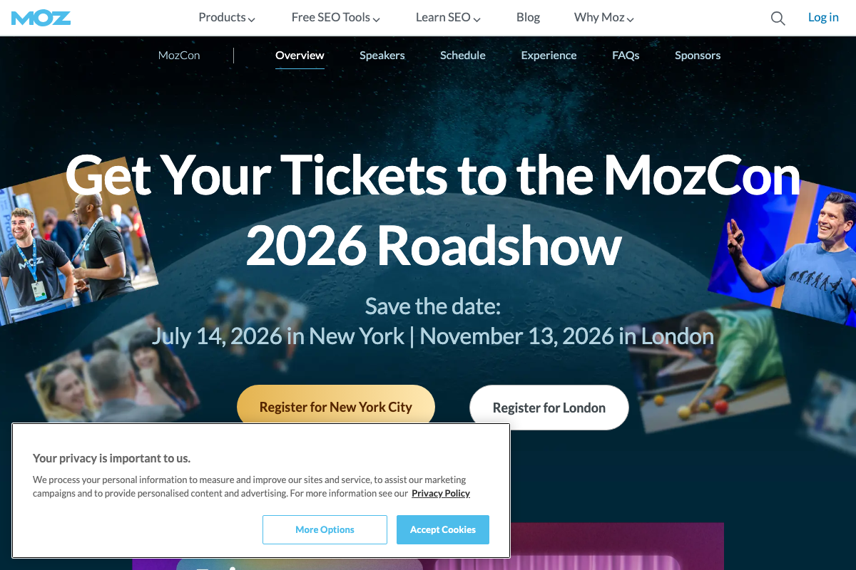 MozCon 2026 official registration page showing the Roadshow format with separate New York (July 14) and London (November 13) dates and dedicated Schedule navigation