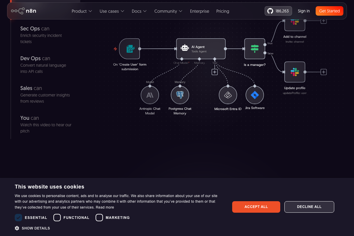 n8n workflow canvas on n8n.io showing an AI Agent node with Anthropic Chat Model, Postgres Chat Memory, and integration sub-nodes