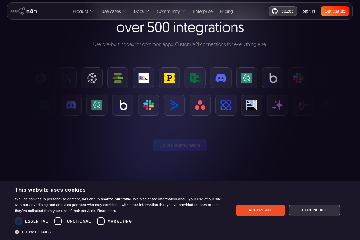 n8n integrations showcase confirming 500+ pre-built nodes, including email and RSS feed nodes used in the tutorial workflows