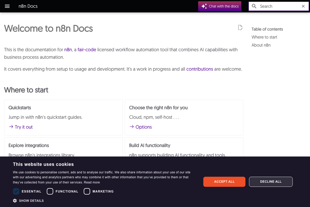 n8n Docs landing page showing the 'Build AI functionality' entry point — the section most likely to contain current MCP server configuration documentation