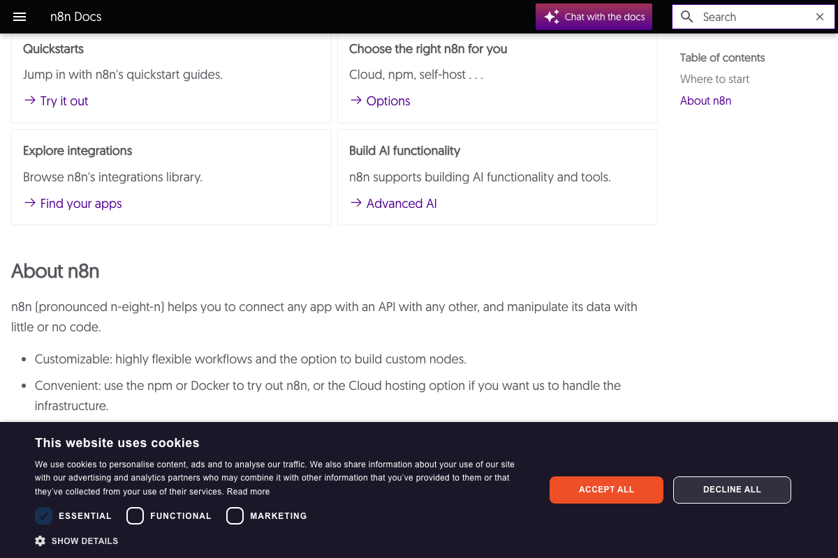 n8n Docs homepage showing fair-code licensing disclosure and deployment options (npm, Docker, Cloud)