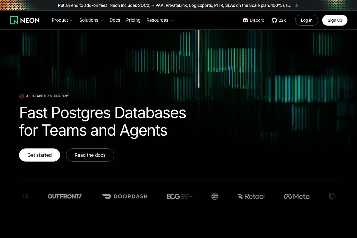 Neon homepage confirming the official product name is Neon Serverless Postgres — now a Databricks company